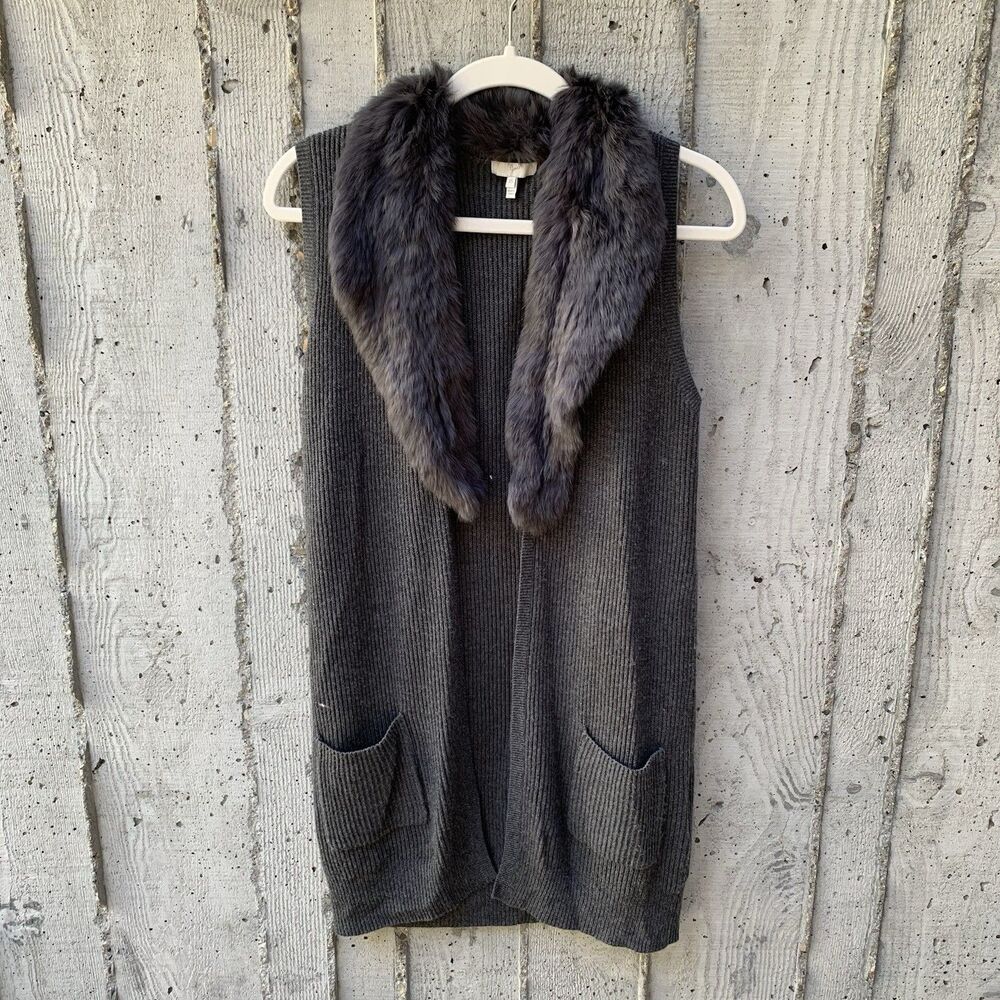 Joie Open Front Wool Cashmere Ribbed Sleeveless Cardigan Size XS Rabbit Fur Neck